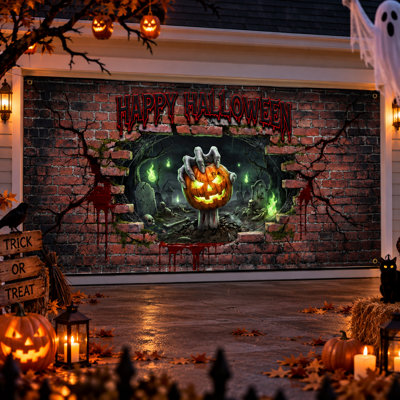 7 × 16 ft Spooky Halloween Garage Door Banner, Halloween Outdoor Decoration