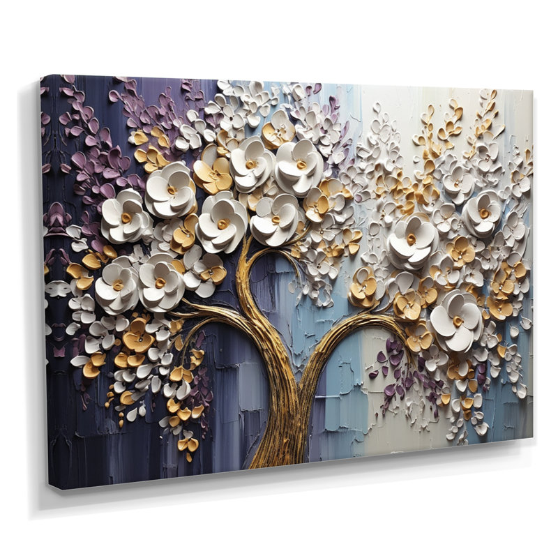Arbre en fleurs avec fleurs blanches II, H 30 po x l 40 po, Toile tendue