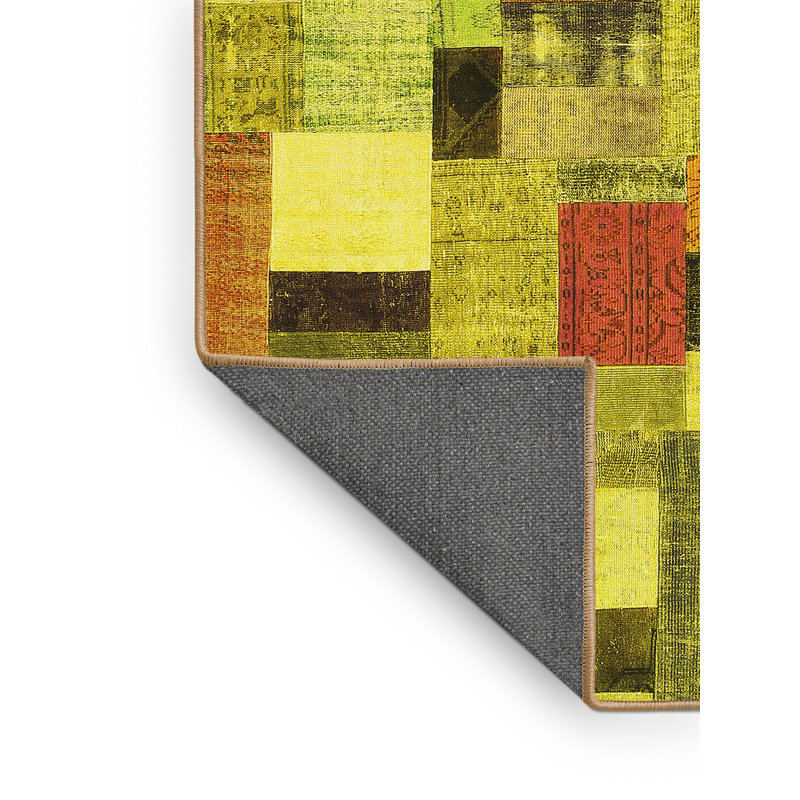 Tapis géométrique en laine / polyester tissé à la machine en jaune / orange / vert, Rectangle 4 pi x 6 pi