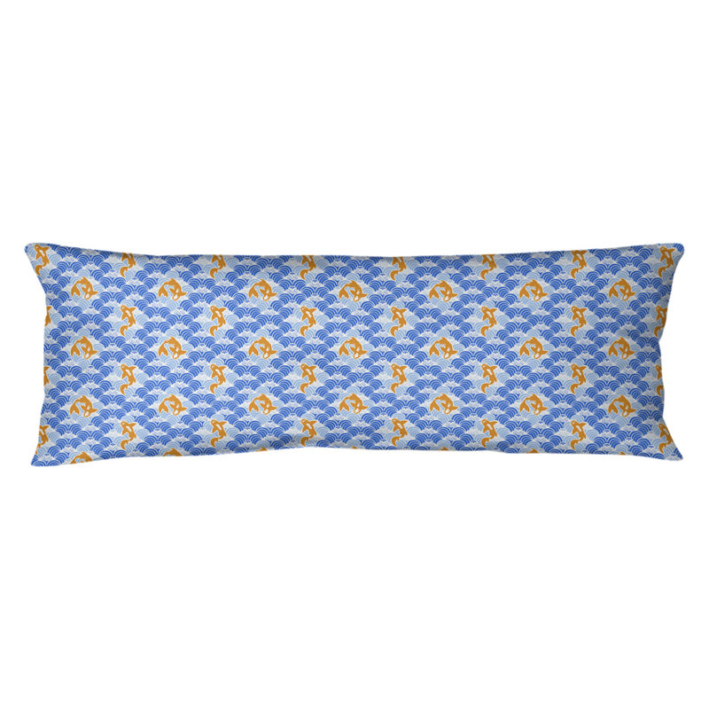 Coussin lombaire à poissons vagues koi, Bourre en polyester, Bleu, Molleton moelleux