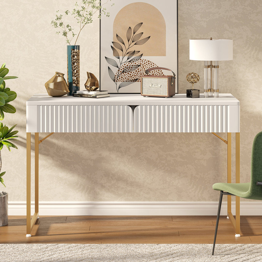 47''Elegant Fluted Computer Desks with 2 Drawers,Modern White Makeup Vanity Table & Study Writing Desk with Gold Metal Frame for Bedroom, Office Mercer41