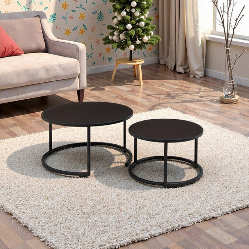 Ensemble de tables basses gigognes 2 pièces Modern, Plateau en bois brun foncé / base noire