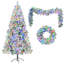 Arbre de Noël enneigé 6 pi, ensemble illuminé avec arbre, guirlande et couronne, arbre de Noël articulé artificiel avec lumières DEL colorées, 8 modes d'éclairage, pommes de pin, décoration des Fêtes pour la maison