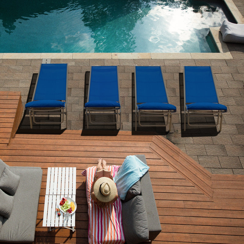 Blue Adjustable Wrought Iron Chaise Lounge Chair Set