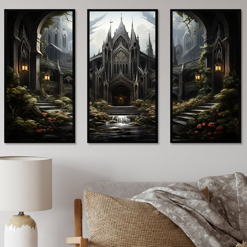 «Black Neo Ecclesiastic Vision Church III», art mural noir, Cadre flottant noir, H 28 po x l 36 po x P 1 po