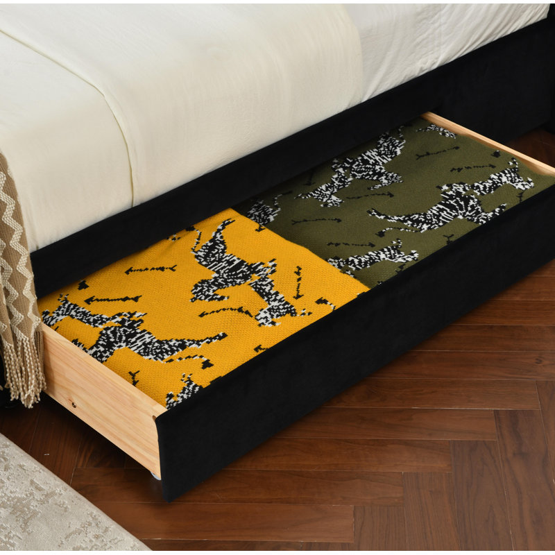 Lit tapissier avec 2 grands tiroirs de rangement en bois , Double, Noir