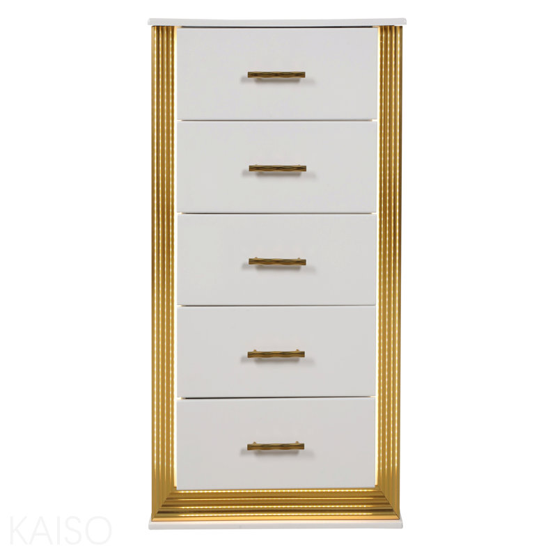 Commode 5 tiroirs Style en bois et finition dorée