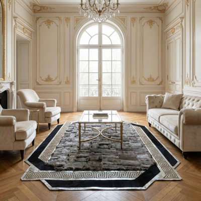 Tapis toscan gris, noir et doré, luxueux tapis à bordure géométrique