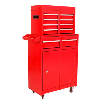 Red 5 Metal Tool Box With Lockable Wheels, Sliding Drawers & Adjustable Shelf For Garage - Workshop Storage