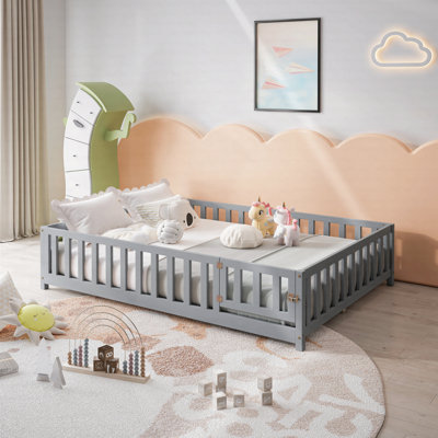 Full Size Floor Platform Bed With Support Slats And Fence For Kids