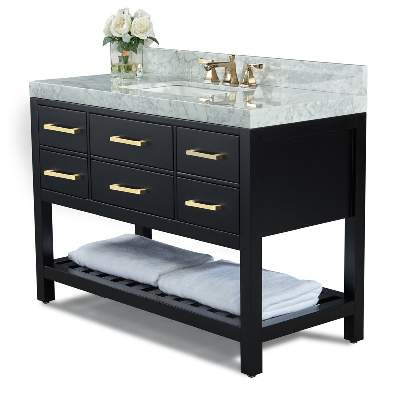 Elizabeth 48'' W Single Vanity, Black Onyx/Brushed Gold, Carrara White Marble