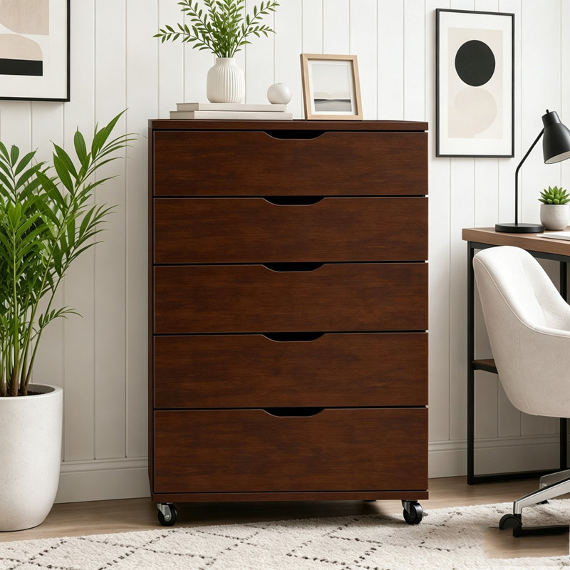 Commode mobile à 5 tiroirs avec roulettes, Marron foncé