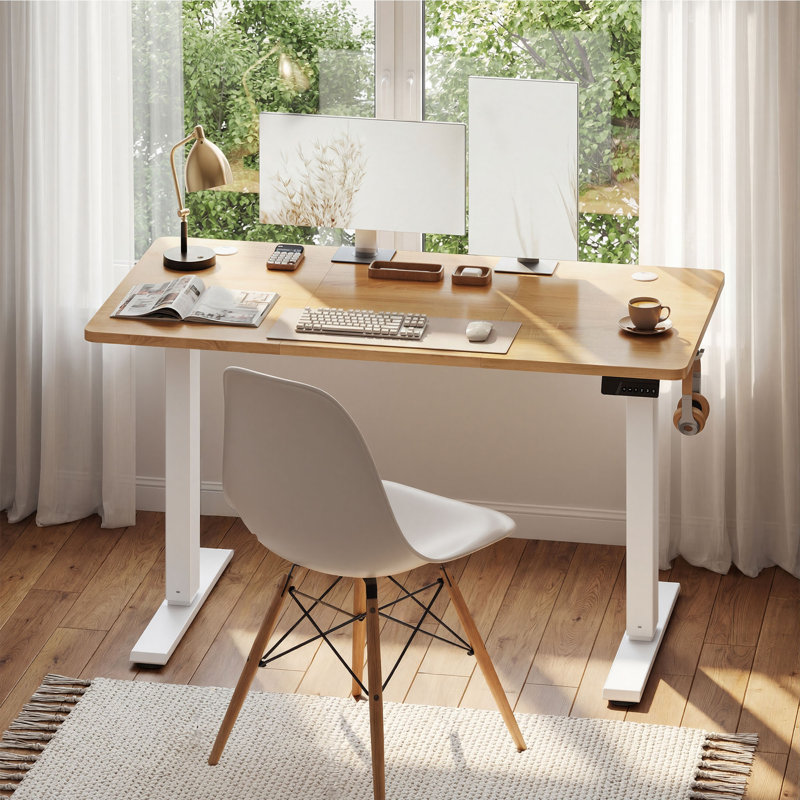 Adjustable Height Steel Computer Desk, 120 cm H x 120 cm W x 60 cm D, White, Yellow
