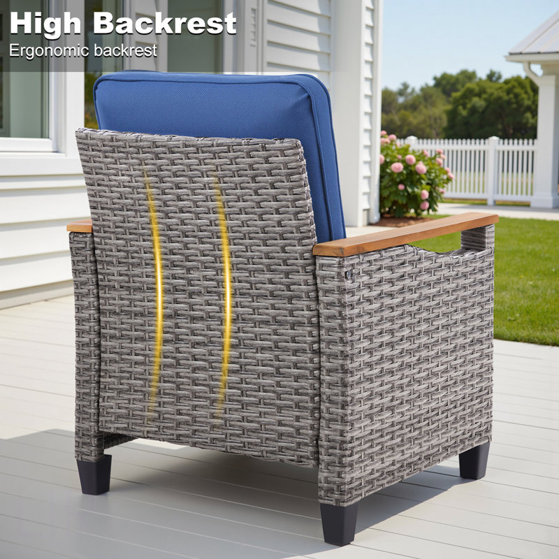 Chaise longue d'extérieur en osier gris, ensemble de 2 chaises longues de patio avec coussins bleus pour véranda ou terrasse