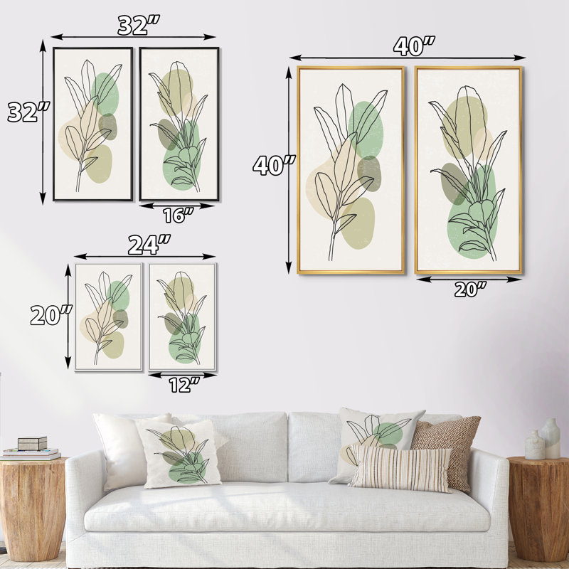 Ensemble de 2 peintures abstraites botaniques vertes V, H 20 po x l 24 po x P 1 po, Cadre blanc