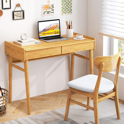 Natural Bamboo Mid-Century Desk With 2 Drawers, Shelf & Cable Management, Home Office Writing Desk For Work & Study