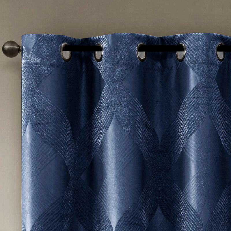 Ogee Knitted Jacquard Total Blackout Curtain Panel(Only 1 Pc Panel), 50" W x 95" L, Navy