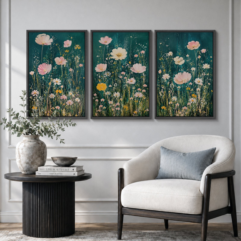 «Teal Wildflower Meadow», art de chambre à coucher, reproduction d'art sur toile encadrée, 24" H x 48" W x 1.5" D