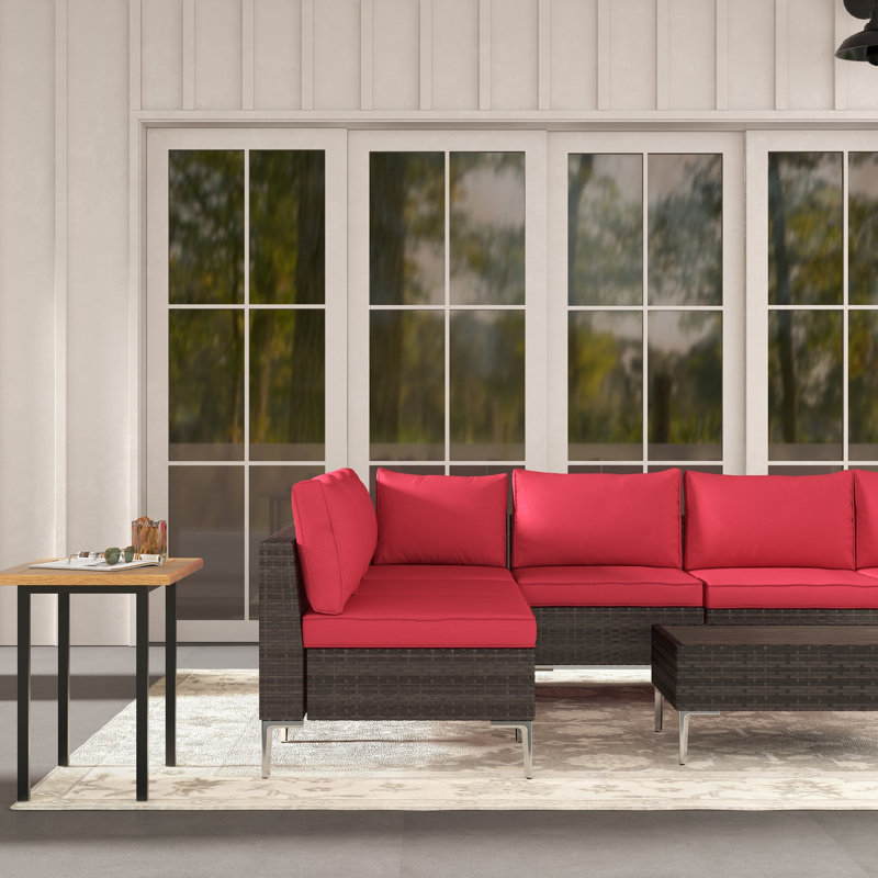 Ensemble de conversation d'extérieur en osier pour 6 personnes avec table de foyer Quadrell, Non, Rouge