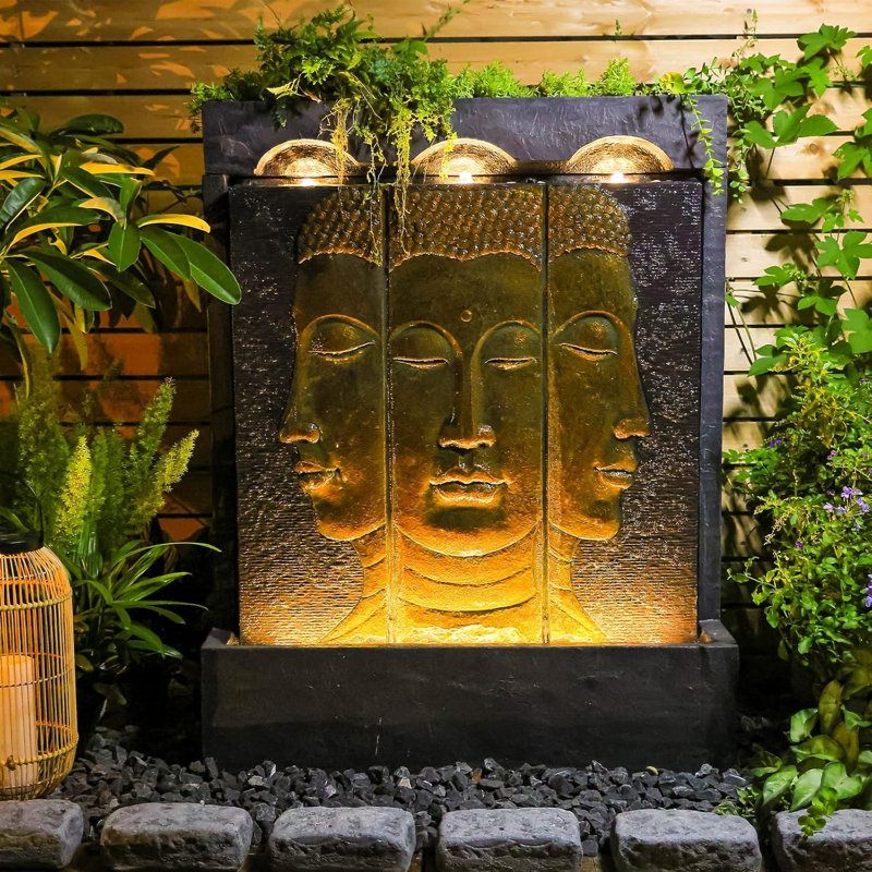 Fontaine murale cascade Bouddha de 45 po avec rainure de plantation, dorée