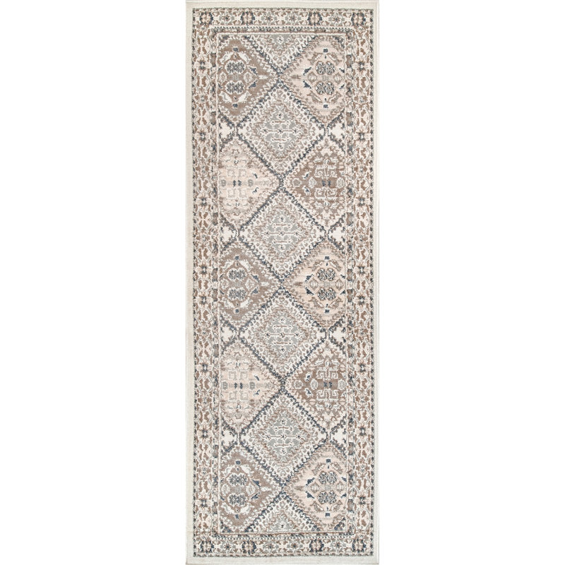 Holden Traditional Tiled Power Loom Performance Beige/Cream Rug, Runner 2'6" x 6'