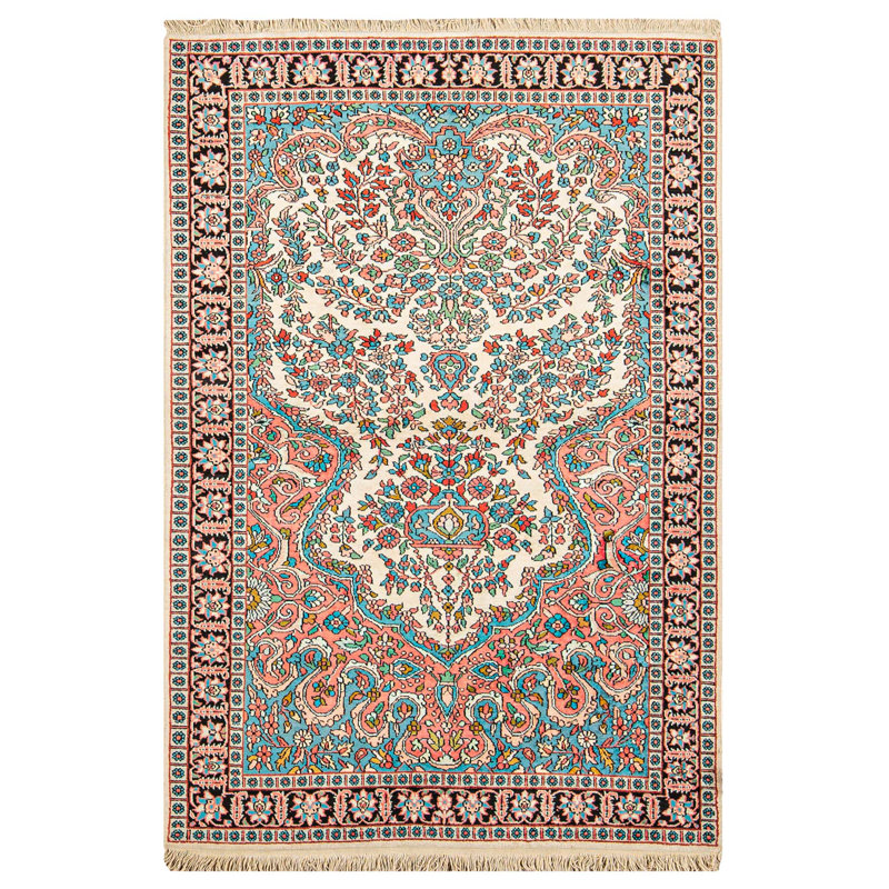 Tapis crème / orange / bleu noué à la main de haute qualité