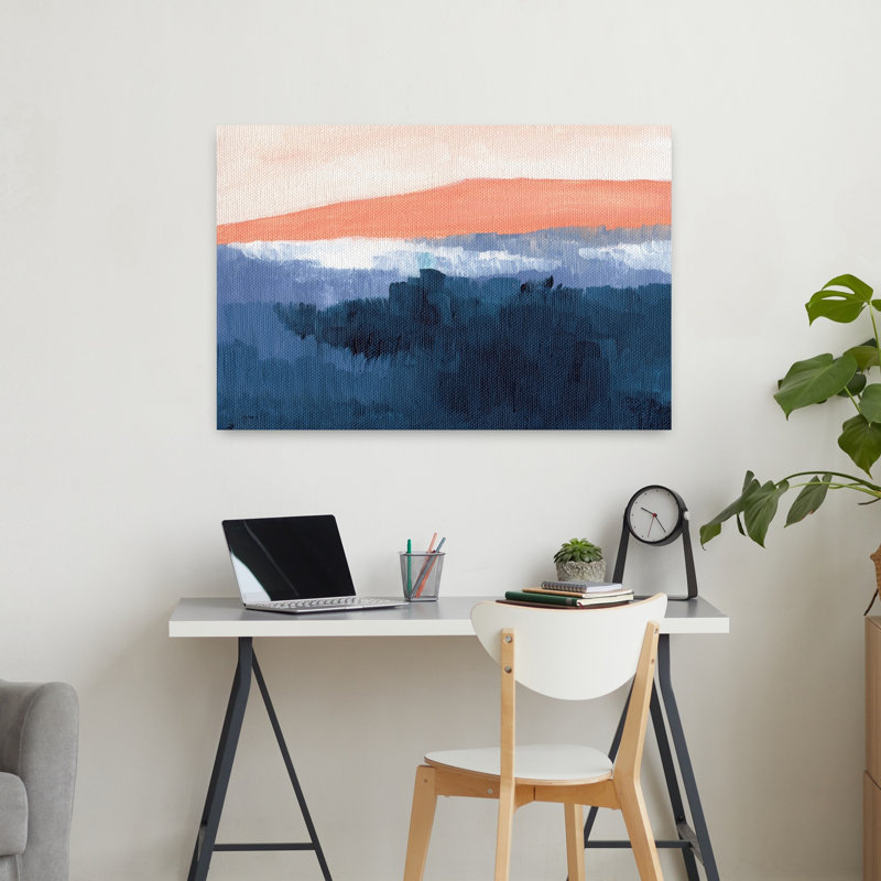 «Misty Blue Mountains», art mural abstrait de paysage moderne minimaliste