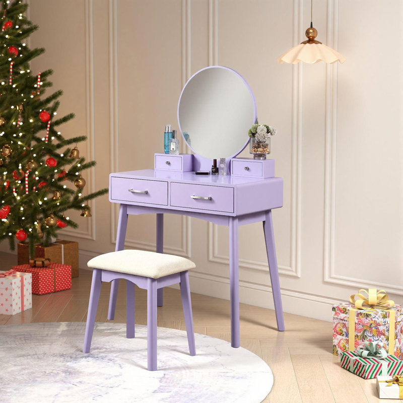 Ensemble de coiffeuse et tabouret en bois, Mauve