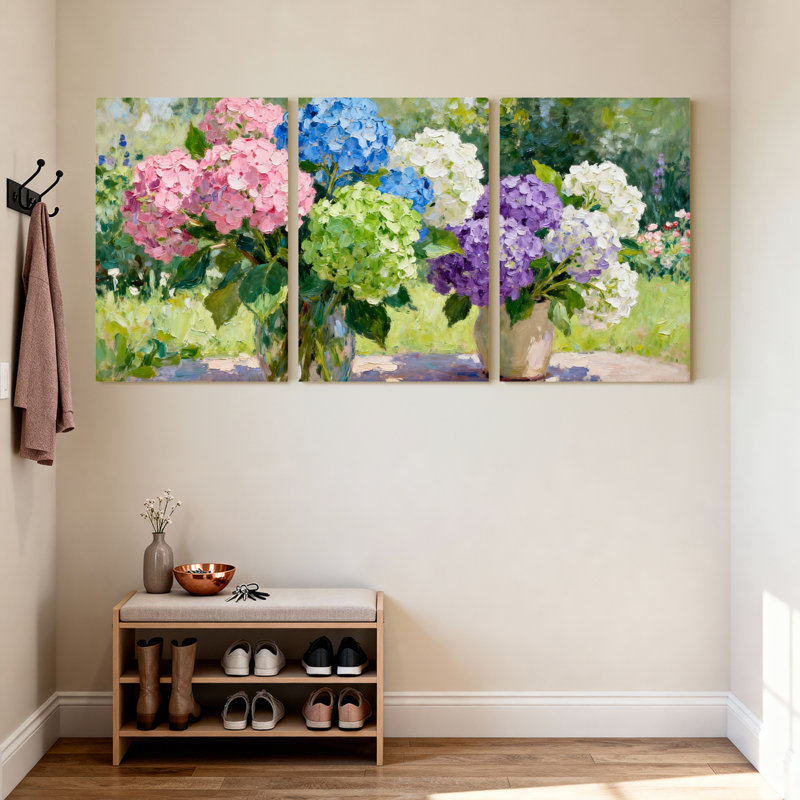 Ensemble de 3 tableaux muraux sur toile à motifs floraux d'hortensias, pour salon, chambre à coucher et décoration intérieure.