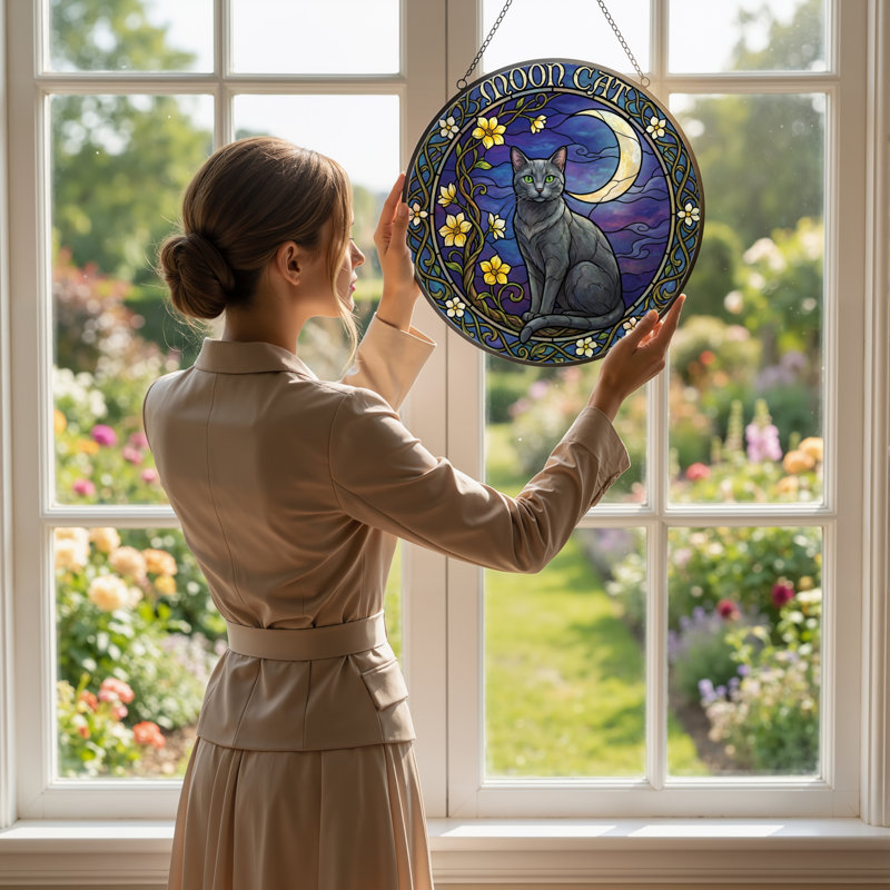 7.8"H Moon Cat Stained Glass Window Panel, 7.8" H x 7.8" W