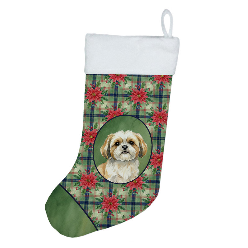 Chaussette de Noël dorée et blanche Shih Tzu