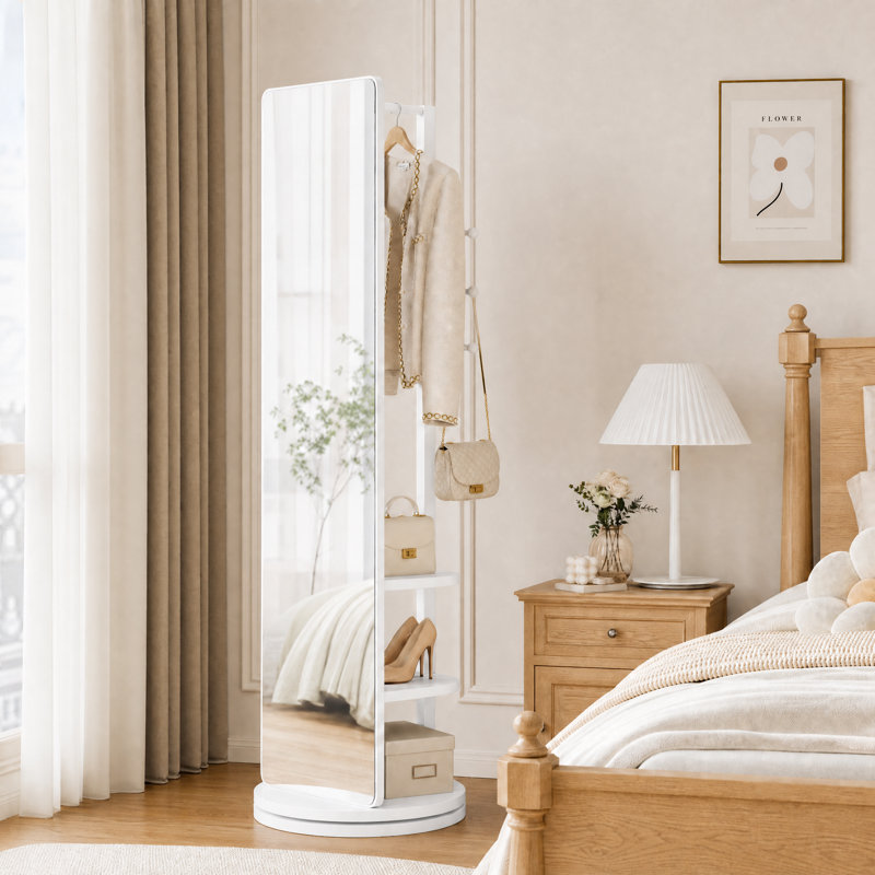 Miroir pleine longueur pivotant à 360° de 66 pouces, porte-manteau sur pied en bois massif avec crochets, White