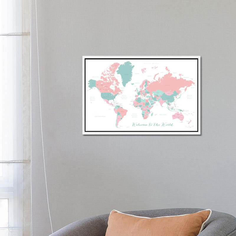 Welcome To The World World Map In Coral And Teal by Blursbyai - Gallery-Wrapped Canvas Giclée on Canvas, White Framed