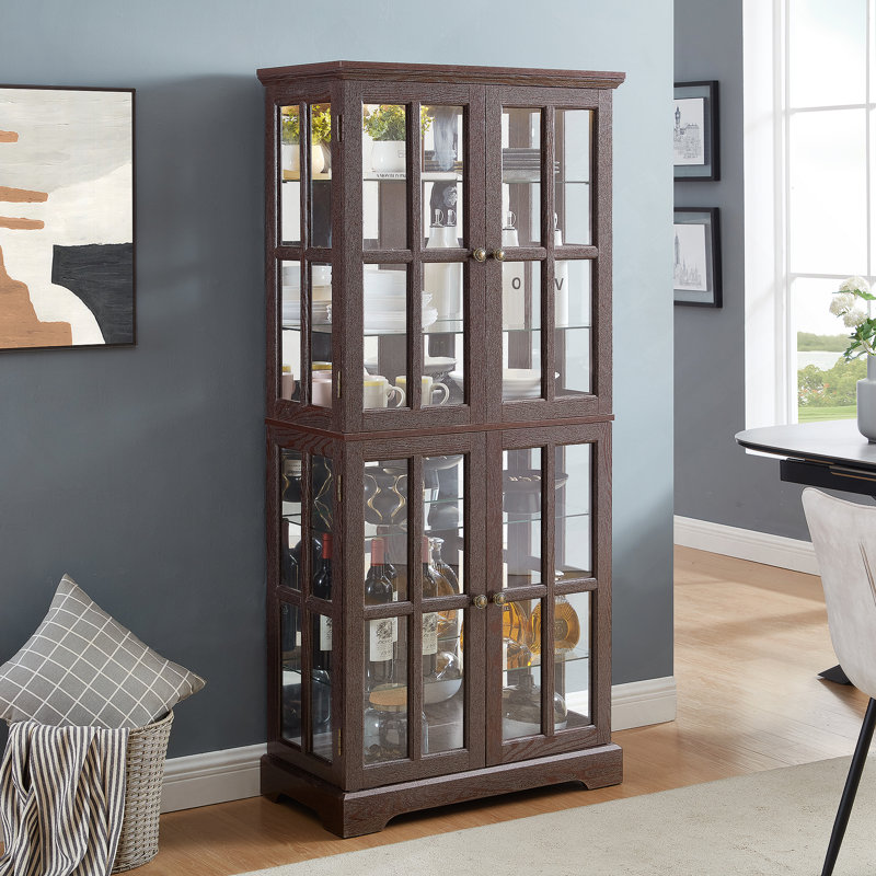 Bibliothèque, vitrine avec tablettes réglables et portes en verre pour la maison ou le bureau, Merisier