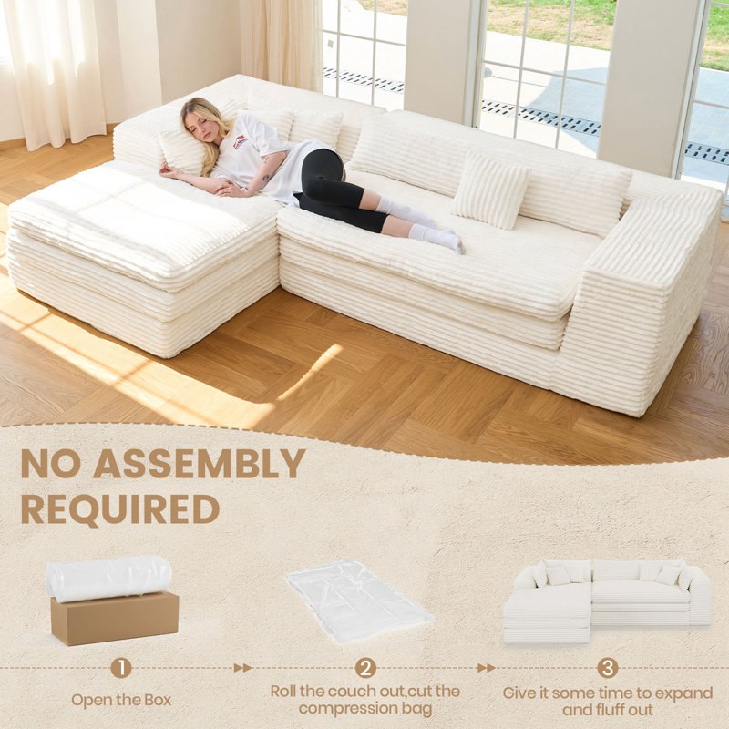 Plush Corduroy Sofa Modular L-Shaped Compression Sponge Sofa Without Installation, Right Hand Facing, Beige Corduroy