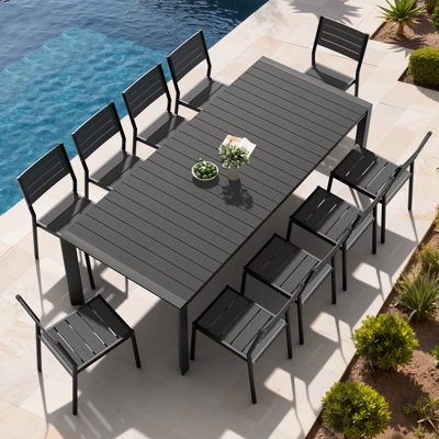 10 - Person 95‘’ W X 40'' D Aluminum Patio Dining Set With Umbrella Hole And Stackable Chairs