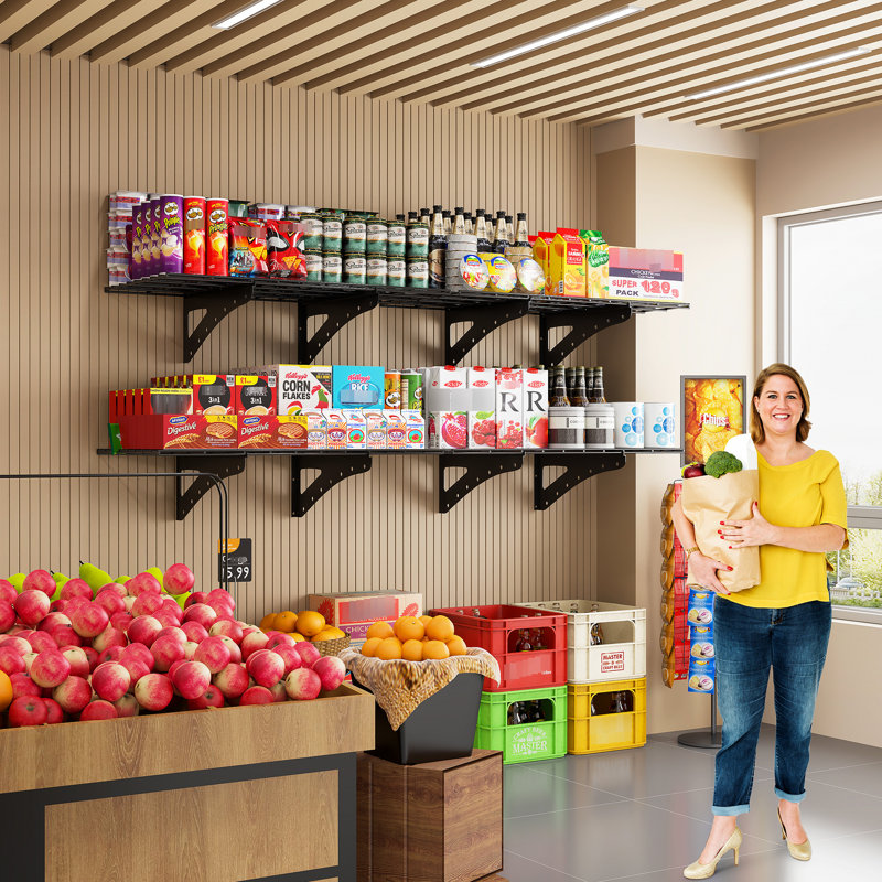 Étagère murale robuste 24 * 48 pouces, noire. 2 Pour le garage et le magasin d'alimentation. Espace de rangement copieux, capacité de charge élevée. Installation simple avec niveau de kit de montage. Vis fines