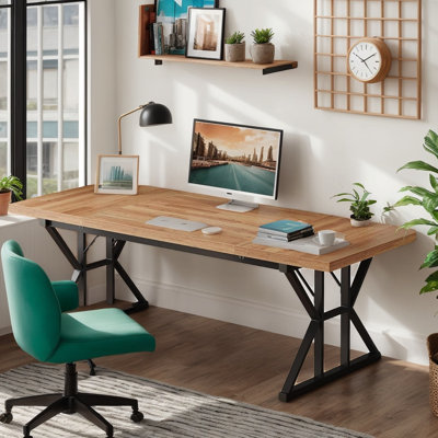 Bureau de direction autoportant robuste de style industriel de 180 cm de large, poste de travail informatique spacieux et robuste avec surface de travail résistante aux égratignures