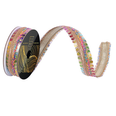 1" x 10yd Braided Wired Ribbon with Ombre and Gold Sequin Trim. Gold Metallic Backing. Measuring 1 inch in width and 10 yards in length, it's perfect for a variety of festive projects.