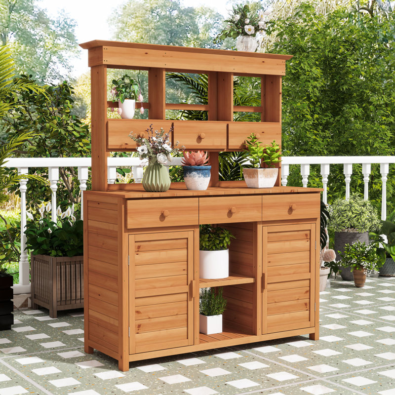 Table de jardin rustique avec huche, 6 tiroirs, tablettes, 2 armoires et crochets latéraux, Naturel