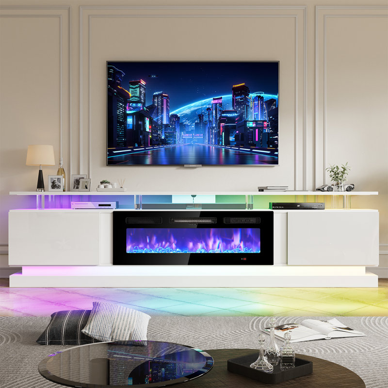 Meuble télé 80 po pour foyer électrique avec 12 couleurs de flamme, DEL de synchro musicale, chaleur réglable, pour téléviseurs jusqu'à 90