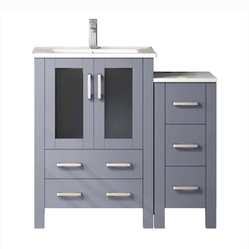 Gris foncé 36 po Meuble-lavabo avec armoire latérale dissimulée, robinet fini, comptoir en céramique blanche et 22 grands miroirs muraux décoratifs