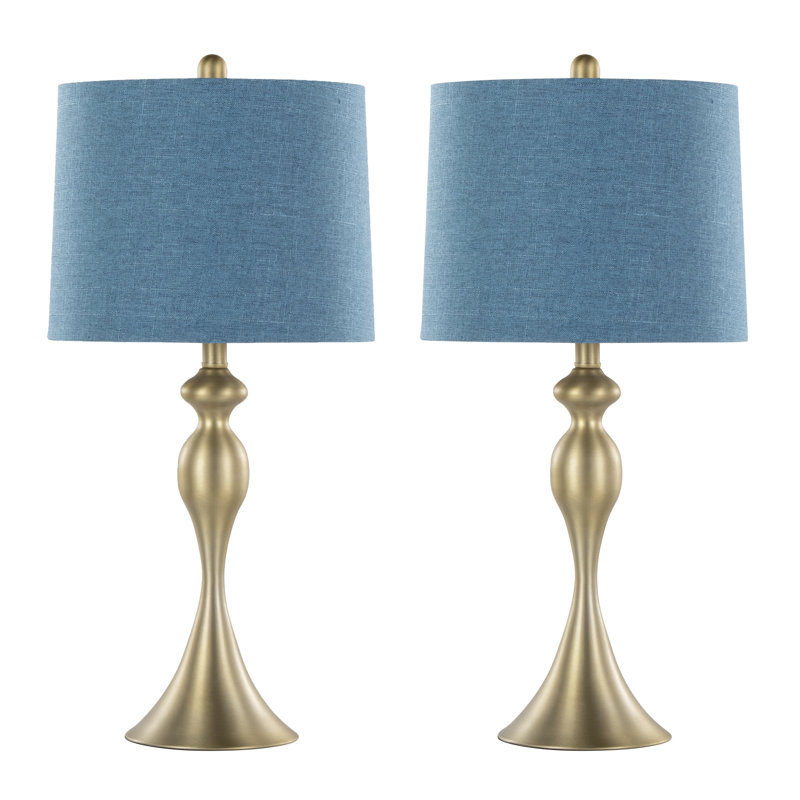 Ensemble de 2 lampes de table contemporaines dorées de 27 po avec abat-jour en lin texturé bleu marocain Ashland, Doré, Bleu