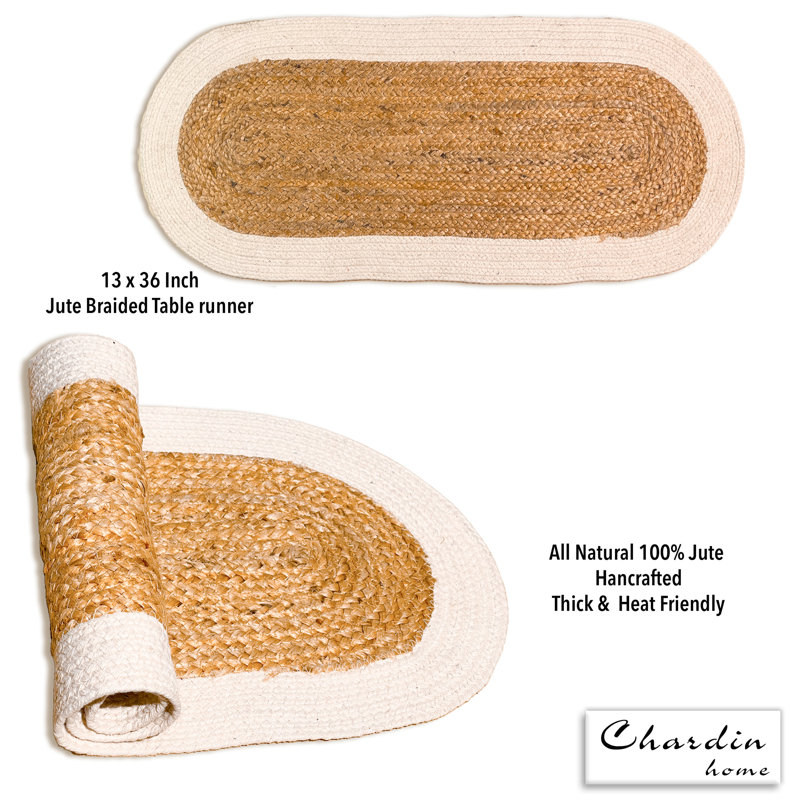 VERONA JUTE BORDER ROUND TABLE RUNNER, Natural/Ivory, 13" x 36"