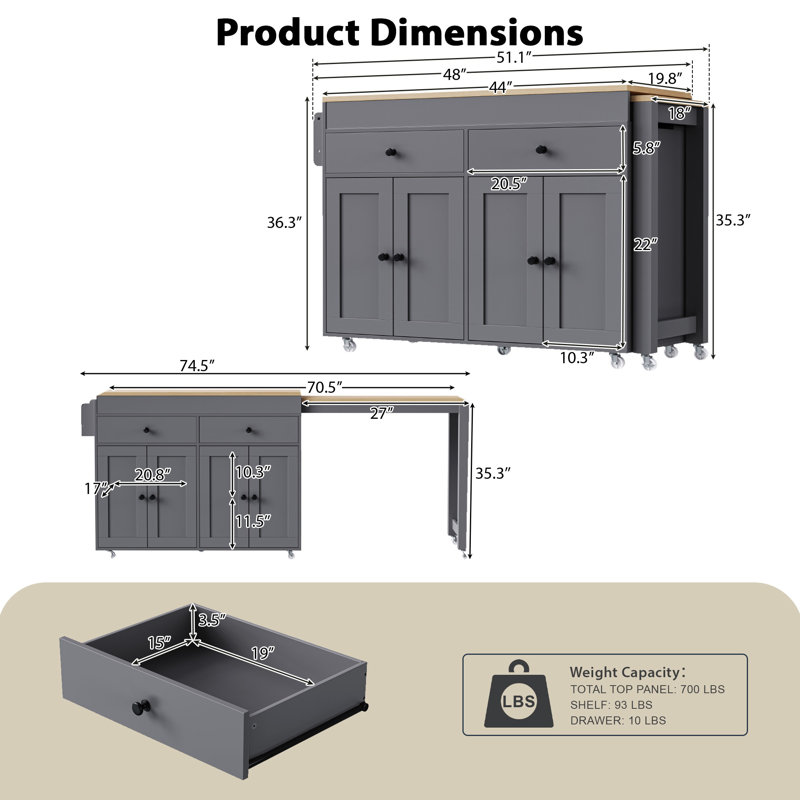 74.5"Kitchen Island with Extendable Dining Table, Spice Rack and Storage, Gray