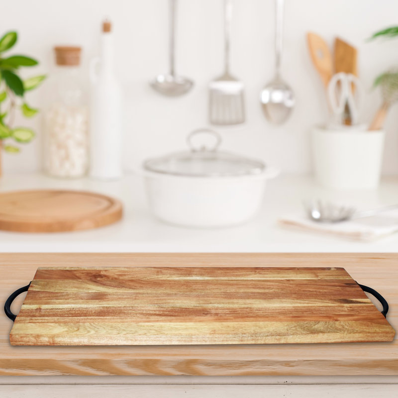 Boîte en bois d'acacia naturel Planche de service avec poignées noires