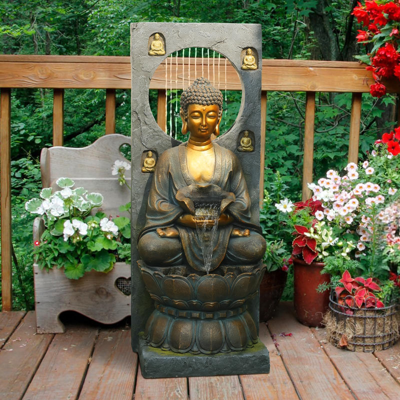 Fontaine de 43,3 pouces de style Bouddha avec cascade murale, fontaine d'eau en résine avec anneau lumineux à DEL pour décoration de jardin zen