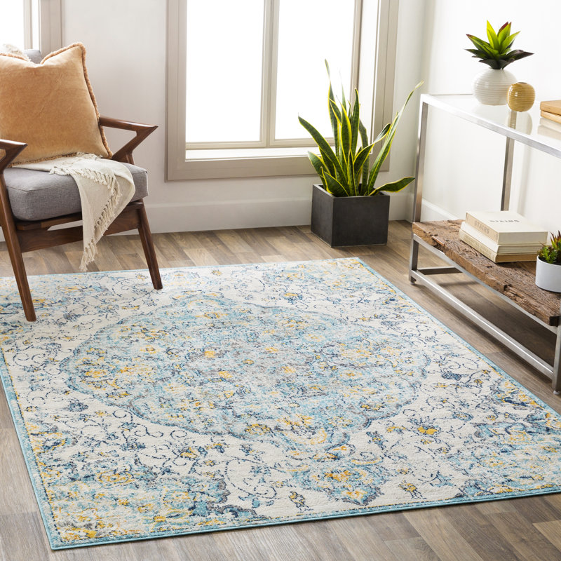 Tapis bleu clair / jaune Cabe, Rectangle 5 pi 3 po x 7 pi 1 po