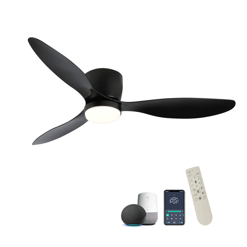 Ventilateurs de plafond noirs encastrés intelligents de 52 po avec éclairage à distance, moteur à courant continu silencieux, ventilateur de plafond intérieur à profil bas pour l'extérieur, commande avec application Alexa Alexa, gradation, pales en ABS, pour patio de chambre à coucher moderne