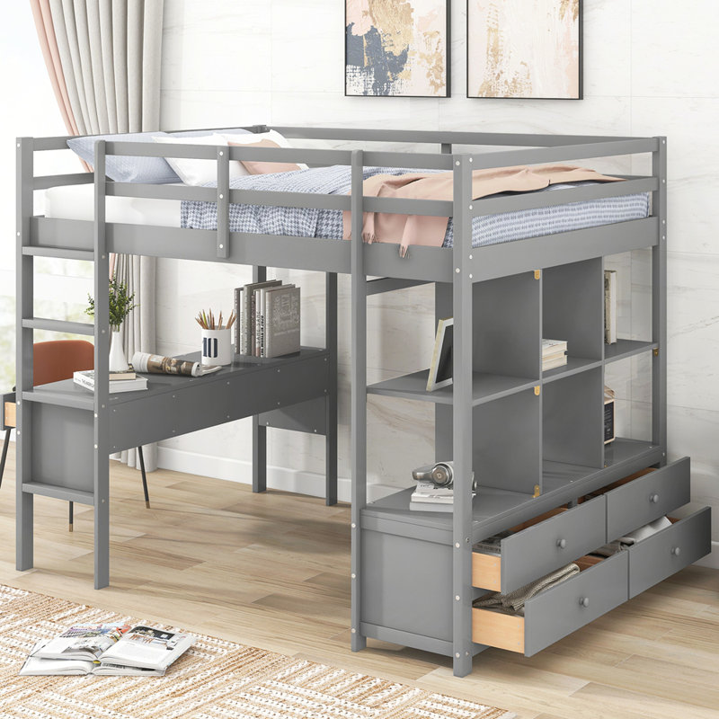 Loft Bed with Built-in Desk with Two Drawers, and Storage Shelves and Drawers, Grey